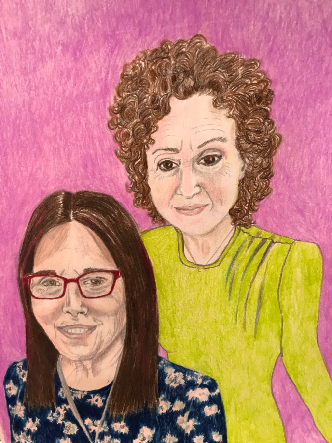 Suddenly Mad- Triumph or Alzheimer_s or ALZHEIMER_S (Drawing of Ruthie and Minna - pink purple background)