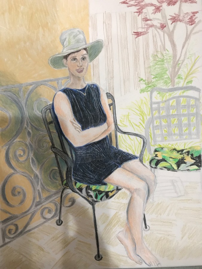 Suddenly Mad- Love at the Bitter End - drawing of Mimi in the garden