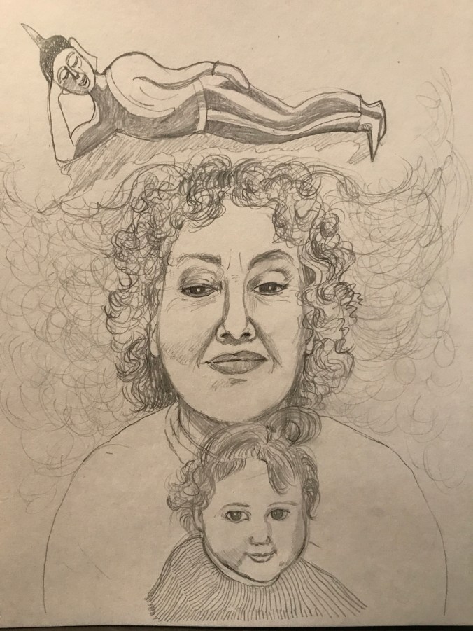 Suddenly Mad- Self portrait with ellie and a reclining buddha