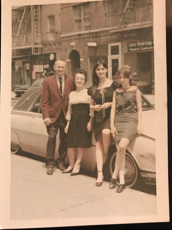 Suddenly Mad- my parents and Lillian and me in front of the pink Thunderbird (Bronx)
